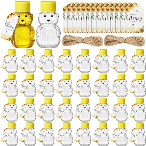 FoldTier 50 Sets 57 ml Kunststoff-Honig-Bär-Flaschen, Geschenke, 50 Stück, Bärenform, durchsichtig, leere Honiggläser mit Schraubdeckel, 50 Etiketten, 2 Rollen, Juteseil, Mini-Honigbehälter,
