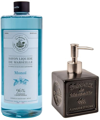 Maison Du Savon De Marseille Monoi Flüssigseife mit nachfüllbarem Seifenspender aus schwarzer Keramik – Küchen- und Badzubehör für Zuhause – 1-Liter-Nachfüllung und 300-Milliliter-Spender