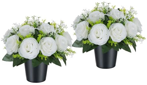 Artificial Grave Flowers Pots: 2 Pcs White Rose Silk Cemetery Flower Funeral Outdoor Decoration Memorial Floral Decorative Graveside Ornaments Fake Bouquet