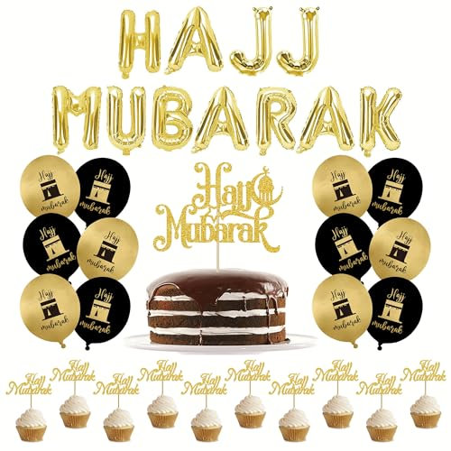 Hajj Mubarak Deko, Hajj Dekorations Set, 11x Folienballons, 1x cake topper, 10x cupcake topper, 12x Ballons (Hajj L)