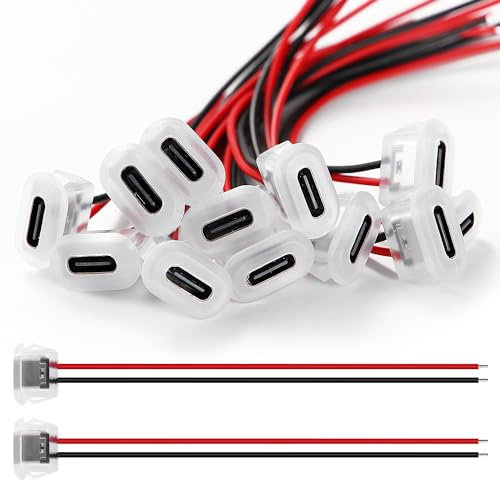 KUOQIY 12 Pièces USB-C Femelle 2 Fils Connecteur de Prise 3A, Connecteur USB-C Femelle 2 Fils avec Boucle à Rainure à Pression, USB Type-C Souder Connecteur avec 100mm 24 AWG, Transparent