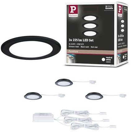 Paulmann 93122 LED Möbeleinbauleuchten 3er-Set 65mm 3x2,5W 3x180lm 230/12V 4000K Schwarz matt