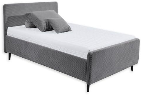 Stella Trading Peach Polsterbett Bettgestell 140x200, Dunkelgrau - Modernes Einzelbett in Cord-Optik mit Holzfüßen - 149 x 108 x 215 cm (B/H/T)