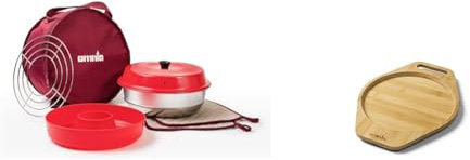 OMNIA Ofen Kit mit Zubehör - Set mit Campingofen, Silikonform, Aufbackgitter, Tasche und Topflappen, Beige & Bambus-Untersetzer: Topfuntersetzer für Tisch