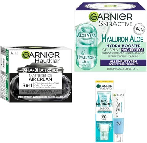 Garnier Skin Active Gesichtspflege Set: AHA/BHA Creme (50ml) + Hyaluron Tages-& Nachtpflege (50ml) + mattierendes UV-Fluid LSF50+ (40ml) für strahlende Haut