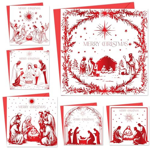12 Stück religiöse Weihnachtskarten 2024 mit Umschlägen – Luxus-Weihnachtskarten Multipack – Weihnachtskarten mit 6 einzigartigen Krippen-Designs, 125 x 125 mm – perfekte Grußkarten für Familie und