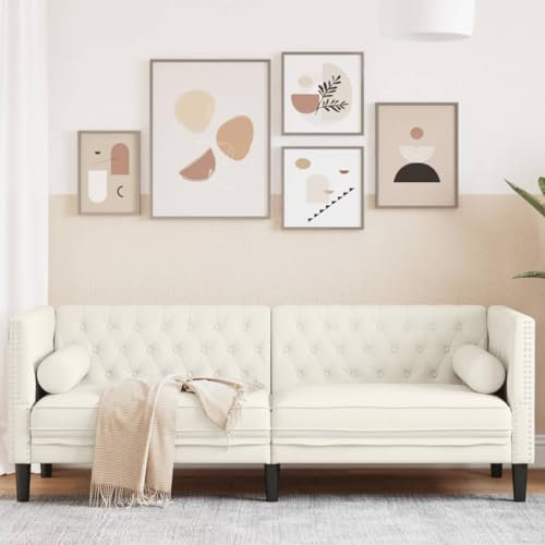 Hommdiy Chesterfield Sofa,Couch mit Armlehnen Rückenlehne Stützbeine, Polstersofa für Wohnzimmer, Couchgarnitur, Kunstleder Creme,3-Sitzer