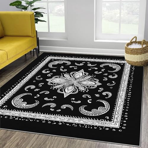 Bedruckter Teppich Einfaches Bandana-Muster Druck Maschinell Hergestellt 90 x 150 cm, Waschbarer Teppich, Grau Schwarz Teppich Schlafzimmer, Antirutschunterlage Küchenteppich