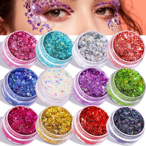 TELAIN 12 Farben Körperglitzer Gel, Leicht Anwendbar Mit Präzisionsapplikator, Langanhaltender Gesicht Und Haar Glitzer, Ideal Für Partys Und Festivals