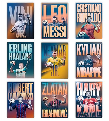 Fußballposter, 9 Fußballposter für Jungen-Schlafzimmer, Messi und Ronaldo, Poster, Geschenk für Fan-Fußball, Messi, Ronaldo, Neymar, Vini Jr, Mbappe, Haaland, Kane, Lewandowski, Ibrahimovic,