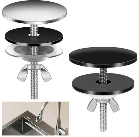 Dtoterul Lot de 2 Cache Trou Evier, Couvercle Trou Robinet Inox, Couvercle Trou Evier Cuisine, Pour Cuisine, Salle de Bain (Argent + Noir)