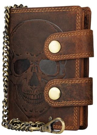 Manza Echt Leder Biker Geldbörse Portemonnaie Geldbeutel Leder mit RFID Schutz Hochformat (Totenkopf, Tan)
