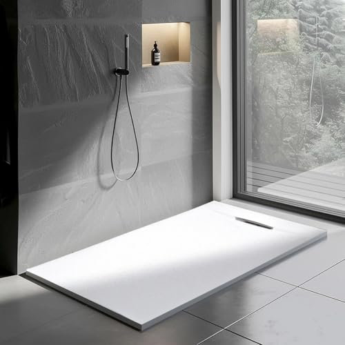 Yellowshop - GENESIS Piatto doccia rettangolare marmoresina h 2,5 cm antracite e bianco finitura ardesia scarico laterale a scomparsa con sifone diverse dimensioni (Bianco, 90x140)