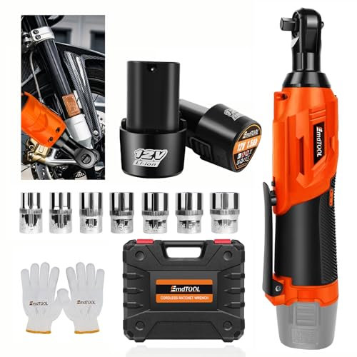 12V 3/8 Kit de Clé à Cliquet électrique Sans Fil, avec 2 Packs de Batterie Lithium-ion 1500 mAh et Chargeur rapide, 7 douilles, 300RPM, LED intégrée,Réparation de meubles pour changer les pneus
