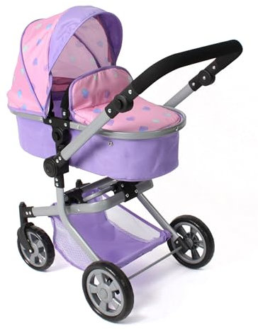 Bayer Chic 2000® 2in1 Puppenwagen Mika – Herzchen lila – faltbar – höhenverstellbarer Griff 47-80 cm – modernes Gestell – Puppen bis 52 cm – 4-8 J, Flowers