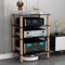 Support de rangement HiFi avec étagères en verre trempé et pieds en bois massif absorbant les chocs pour une meilleure organisation des équipements audio