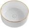 Tocador Elegante lavabo de baño blanco, redondo sobre encimera, fregadero de cerámica de porcelana, lavabo for baño de hotel, mueble de tocador con desagüe emergente y decoración de borde dorado para