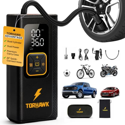 Rugged Dual Cylinder Tire Inflator, Portable Air Compressor - 160 PSI Dual Power Cordless Air Pump for Car, Truck, SUV - 12V DC & Rechargeable Battery, Digital Display, LED Light & Auto Shut-Off