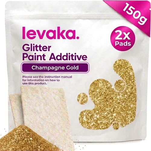 Levaka Glitter for Paint, Champagne Gold Glitter Paint for Walls, 150g | Glitter paint additive mixes into any emulsion for walls and ceilings, holographic silver, 2 buffing pads
