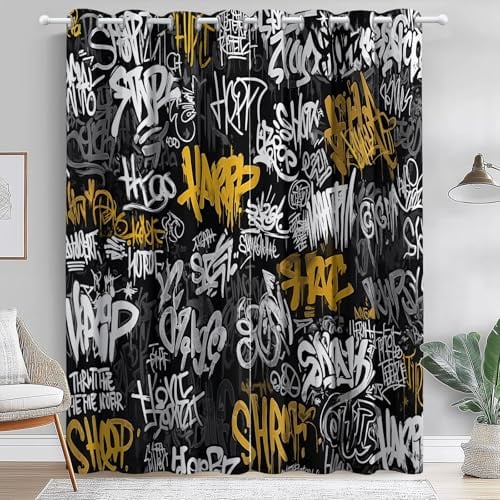 Verdunklungsvorhänge mit Schwarz Gelb Abstrakte Graffiti-Symbole Druck Blickdichte Gardinen mit Ösen für Kinderzimmer Schlafzimmer Dekoschal 2er Set 166x75cm(HxB)