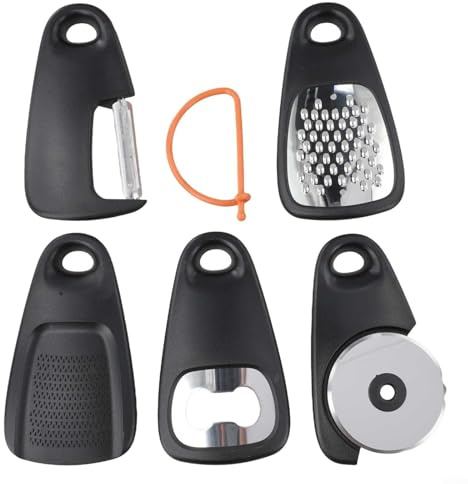 5-in-1 Kitchen Gadget Set with Grater Peeler Pizza Cutter Bottle Opener and Grinder with Storage Ring for Space-Saving Organisation in Home Caravan or Camping(Black)