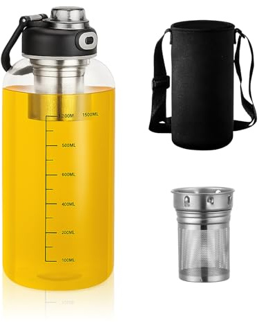 Botella de cristal de 1,5 L, jarra de agua de vidrio de borosilicato grueso y resistente, con infusor de té, ideal como botella infusor de té para té helado o caliente, fácil de limpiar (negro, 1,5
