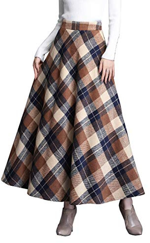 Damen Winterrock Kariert Wollrock Hohe Taille A-Linie Maxirock mit Taschen | Warmer Vintage Midirock mit glattem weichem Futter fließende elegante Herbstmode für Damen im Alltag