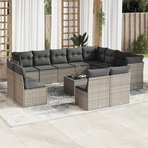 Ziaphsol 13-TLG. Garten-Sofagarnitur Grau aus robustem Poly Rattan, UV-beständig, mit Stauraum, wasserfestem Beutel und Hartglas-Tischplatte für Terrasse, Balkon