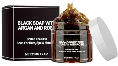 Marokkanische Schwarze Seife mit Arganöl Rosenextrakt,Feuchtigkeitsspendendes Körperpeeling,Traditionelle Körperseife,Tiefenreinigung Pflege,Natürliche Black Soap,Geeignet für Alle Hauttypen