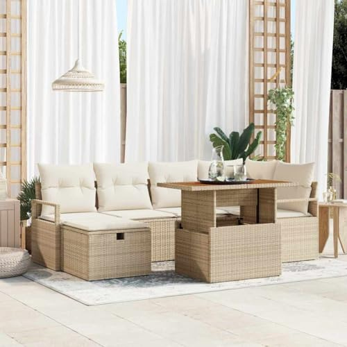 Tonture Garten-Sofa-Set 7-teilig, Beige Poly-Rattan mit Akazienholz, Ecksofa für 6 Personen, Outdoor-Möbel für Terrasse, Balkon, Loungemöbel