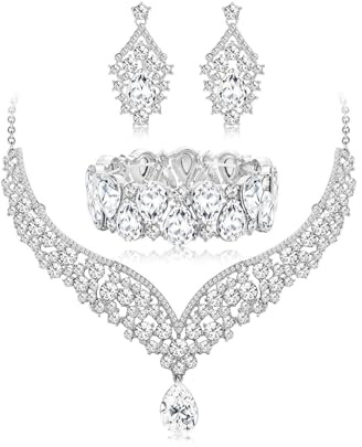 fdsmall Halskette Ohrringe Armband Set für Frauen funkelnde Strass Kristall Vintage Blumen Teardrop Hochzeit Schmuck Set Kristall Anhänger Halskette Hangle Ohrringe Link Armband