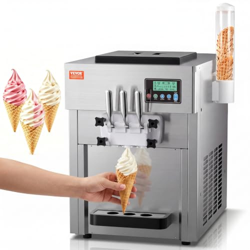 VEVOR Commercial Ice Cream Machine, 21 QT/H Soft Serve Ice Cream Maker with LCD Panel Auto Clean 3-Flavor Pre-cooling for Restaurant Snack Bar