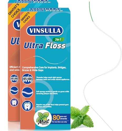 VINSULLA Filo interdentale ortodontico 3 in 1 per apparecchi ortodontici e protesi | Infila incorporato, filo interdentale spugnoso e regolare, senza PFAS e PTFE