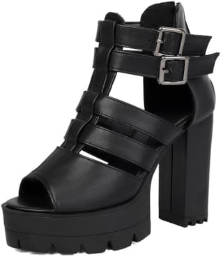 TNMIUH Sandali con Plateau Donna - Tacco Alto Largo Stile Gotico Gladiator con Cinturino a Fibbia, Scarpe Aperte Punk Rock con Cerniera Posteriore,Nero,43 EU