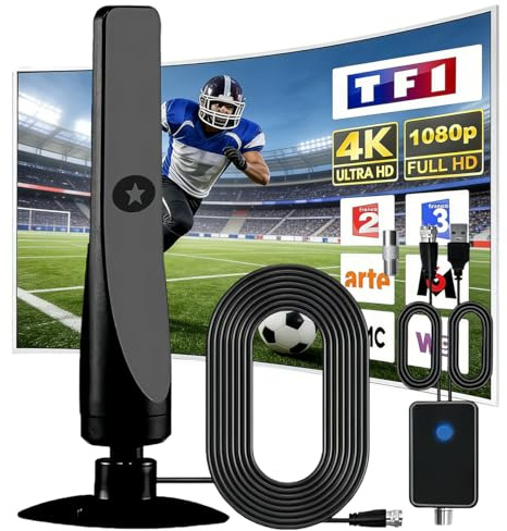 Antena TV Interior, Antena TDT HD con Amplificador Recepción 360° Estable, Cable Coaxial de 3m, Compatible con Canales 4K/1080p/VHF/UHF DVB-T/T2 en Abierto