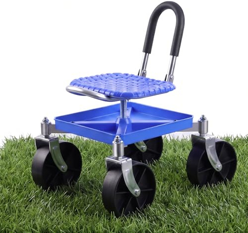 Gartensitz mit Rollen, Garten Rollsitz Gartenhocker, 360° Drehbarer | Rollbarer Gartenwagen mit Griff und Ablagefach, Höhenverstellbar, Tragkraft 150 kg, für Gartenarbeit & Autopflege