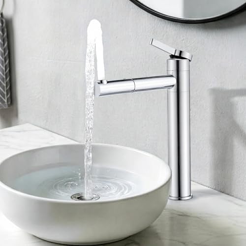 HOMELODY Grifo de lavabo cromado alto, caño giratorio 360° y cuerpo | Grifo monomando para baño de acero inoxidable con caño de 215 mm de altura