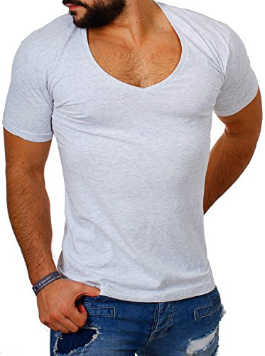 Young & Rich Herren Uni T-Shirt Basic mit extra tiefem V-Ausschnitt Slimfit deep V-Neck Stretch dehnbar 1315