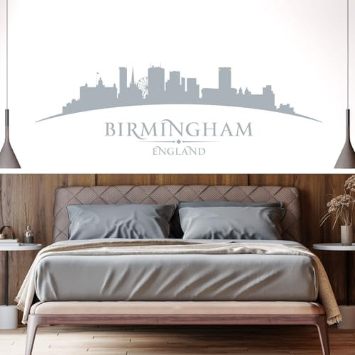 Birmingham England City Skyline – Kathedrale / Museum / Kunstgalerie / Selfridges – Schlafzimmer / Wohnzimmer, Schild Vinyl, silber, Large (1200mm wide)