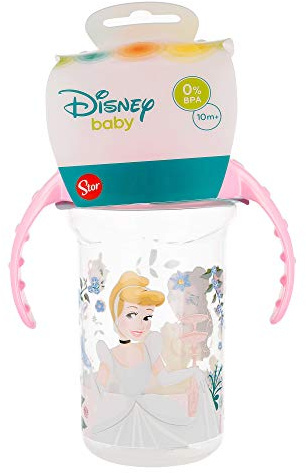 Bicchiere Viaggio Bambine Disney Princess da 330 ml, in plastica senza BPA, con beccuccio ribaltabile, tappo e due maniglie, riutilizzabile e lavabile