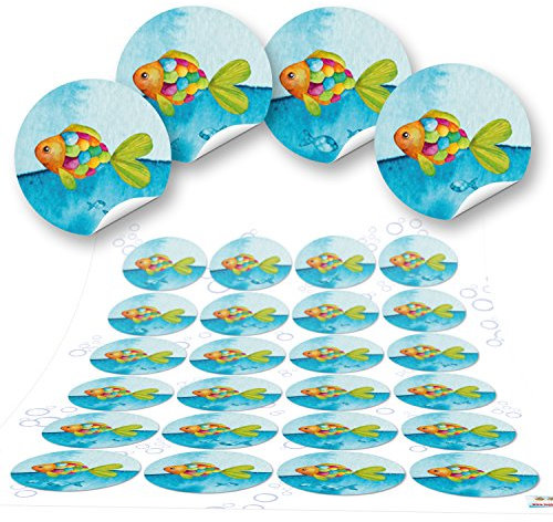 Logbuch-Verlag 24 Fische Aufkleber Regenbogen Fisch Sticker für Kommunion Taufe Konfirmation Geschenkaufkleber türkis bunt 4 cm