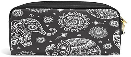 Domoko schwarz Mandala Indian Elephant PU Leder Pen Pouch Federmappe Fall Make-Up Kosmetik reisen Schule Tasche