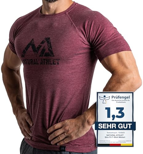 Natural Athlet Slim-Fit Fitness Tshirt für Herren – Enges & langes schnelltrocknendes Männer Kurzarm Gym T-Shirt – für Sport, Gym, Fitnessstudio, Workout, Bodybuilding und Krafttraining