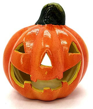 meindekoartikel Halloween Deko Windlicht Teelichthalter Kerzenhalter „Kürbis mit Gesicht“ aus Ton glänzend - orange Ø12 x T10 cm