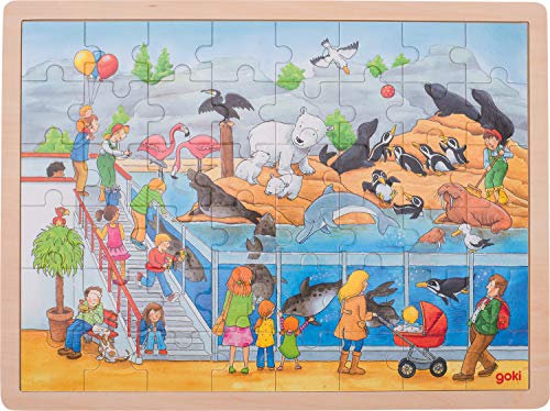 Puzzle aus Holz Einlegepuzzle Besuch im Zoo von goki 48 Teile Holzpuzzle mit Palandi® Sticker