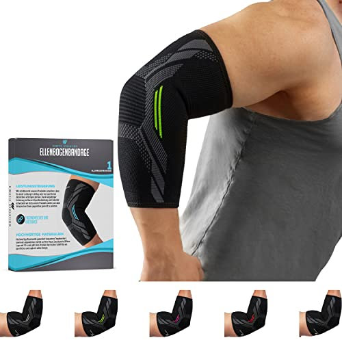 KINETIC EVOLUTION Ellenbogenbandage für Damen und Herren – Elastische Kompressionsbandage, rutschfester Halt, atmungsaktiv, ideal für Sport, Fitness, Tennis, Golf, Alltag. (S, Grün)