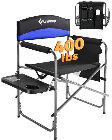 KingCamp Oversized Directors Camping Chairs for Adults, Up to 180 kg (400 lbs) Heavy Duty Folding Directors Chair, Portable Outdoor Camping Chair with Side Table & Pockets, Padded Armrests, Blue