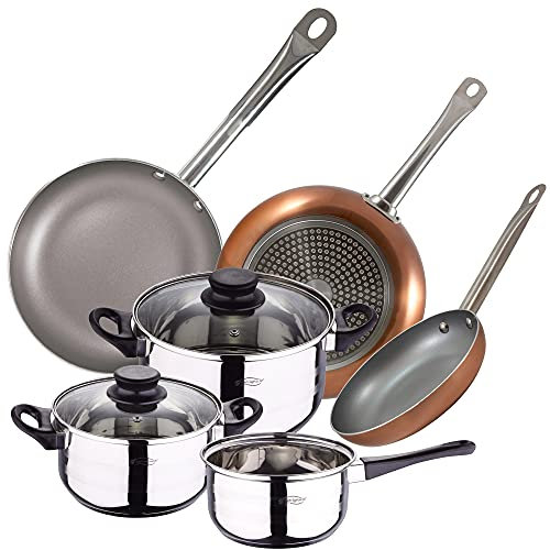 Bateria de cocina 5 piezas San Ignacio de acero inoxidable con juego de sartenes Optimum Plus (18,22,26 cm) en aluminio prensado aptas para induccion, PK3210