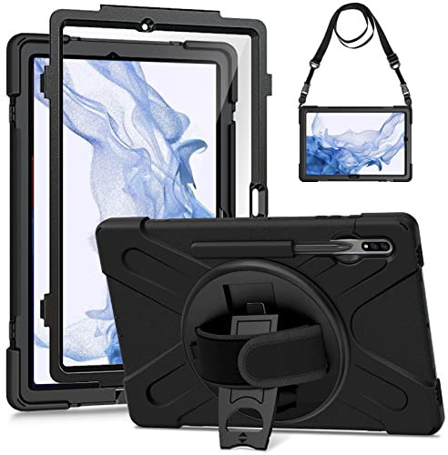 Gerutek Funda Anticaída para Samsung Galaxy Tab S9 FE+ Plus/S9+ Plus/S8 Plus/S7 Plus/S7 FE 12.4, Carcasa Rugosa con Protector Pantalla, Soporte Giratorio, Correa de Mano/Hombro, Portalápices, Negro