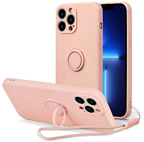UEEBAI Custodia per iPhone 13 Pro Max (6.7 pollici), Custodia Sottile in Silicone Liquido con Supporto ad Anello Rotante a 360 Magnetico Supporto da Polso alla Moda Cover in TPU - Rosa